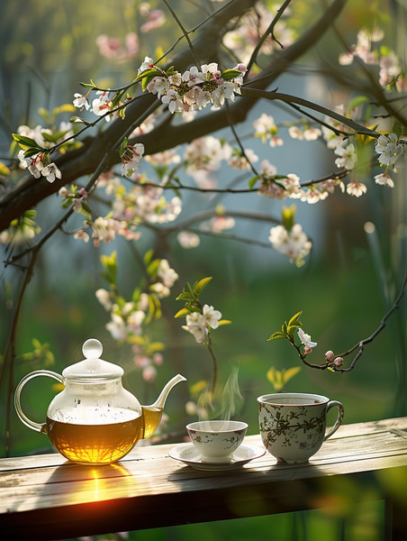 创意优雅春天桃花树下喝茶餐饮中式茶道茶园品茶高清摄影图