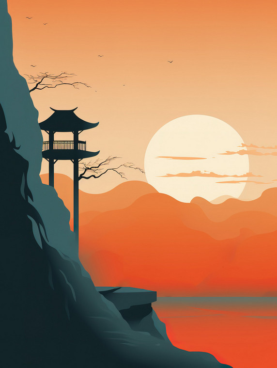创意东方山景亭子宁静祥和撞色剪影夕阳中国风矢量插画