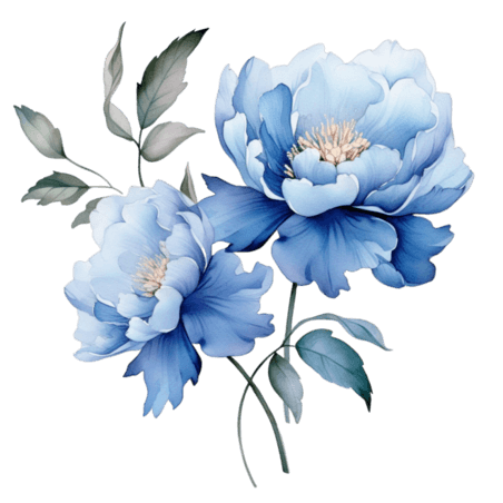 创意AICG蓝色花朵元素水彩植物牡丹芍药免抠图案