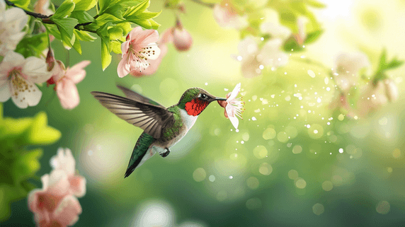 创意美丽春天阳光花丛里小鸟蜂鸟动物背景采花的插画1