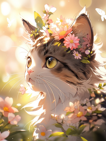 创意春天春季风景漫画童话可爱的小猫和花卡通插画图片