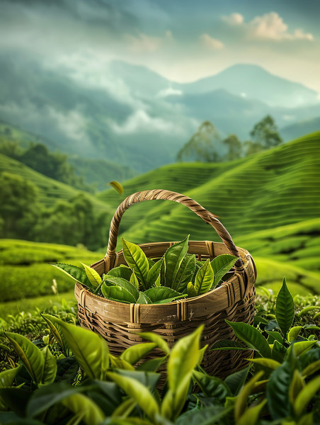 创意装满茶的竹篮农田风光田园茶园摄影照片
