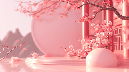 立体电商展台粉色粉色国潮春天中式古建筑古风庭院的插画16