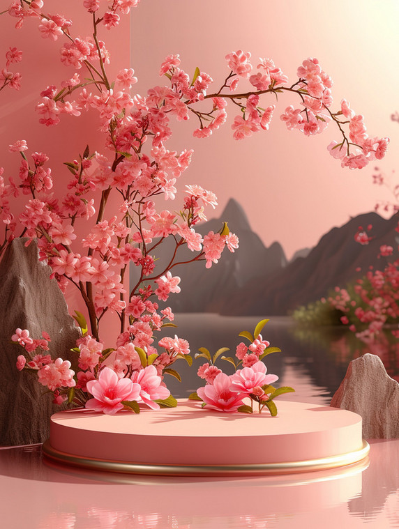 创意樱花季植物春天温暖阳光桃花电商展台图片