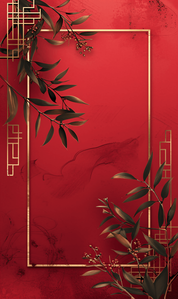 创意国潮扇子植物红金色春节红色喜庆背景19
