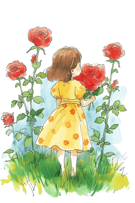 创意春天可爱童话玫瑰花女孩手绘鲜花草地免抠元素