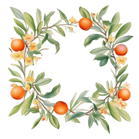 素描橘子柿子树枝水果元素边框免抠图案