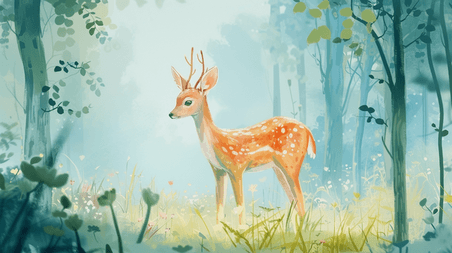 创意童话春天春季卡通森林里小鹿的插画17