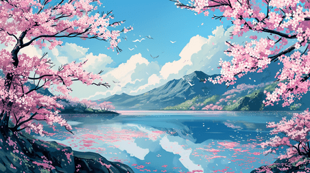 创意中式山水风景如画的春天樱花季插画8