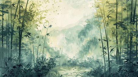 创意春季大自然森林里竹子风景清明中国风竹林风光的插画14
