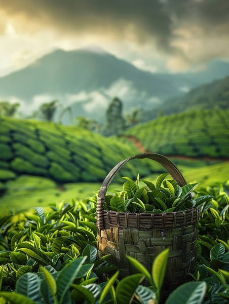 创意农田风光田园装满茶的竹篮茶园摄影图