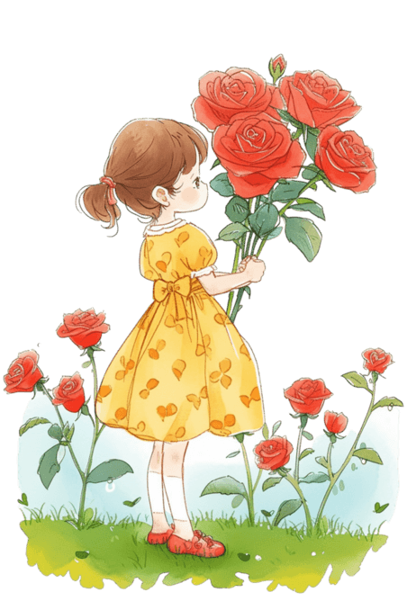 创意可爱女孩鲜花草地手绘春天浪漫唯美玫瑰花童话免抠元素