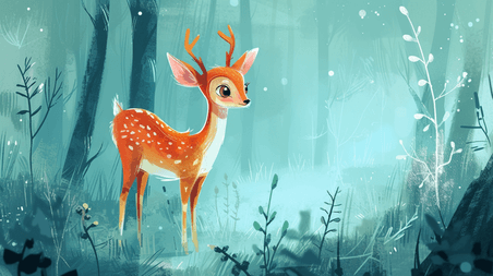 创意童话春天春季手绘卡通森林里小鹿的插画16