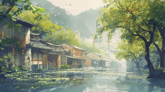 创意清明节春天江南烟雨小镇风景插画16