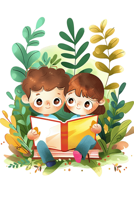 创意卡通手绘可爱孩子绿植读书元素