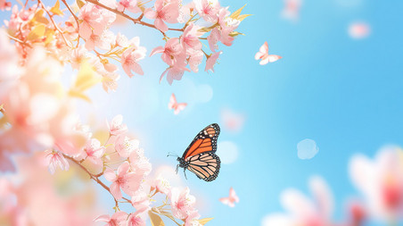 创意粉红色樱花和飞翔的蝴蝶素材