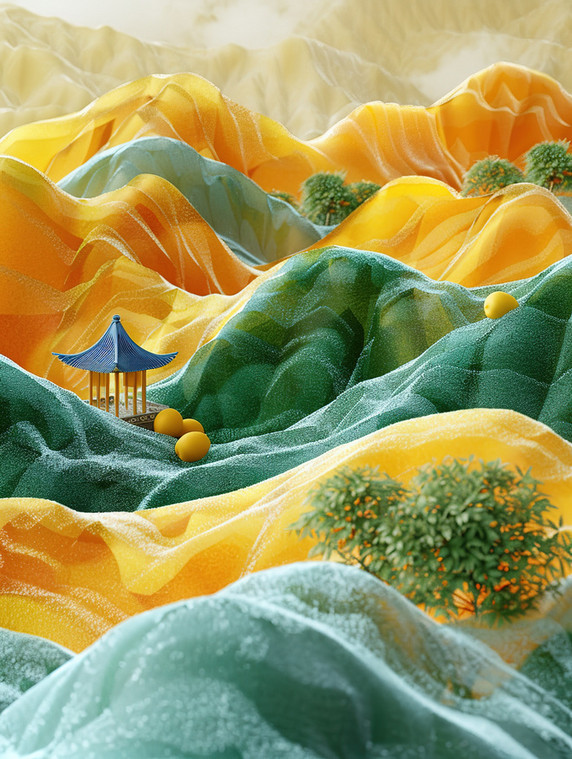 创意山和丘陵中式立体浮雕绿色黄色中国风插画