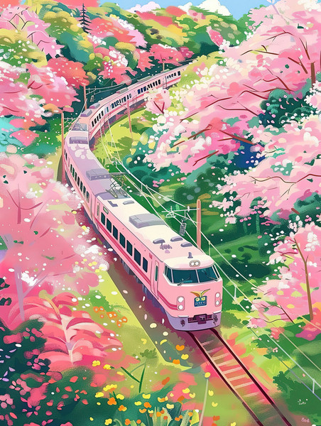 创意开往春天的列车樱花