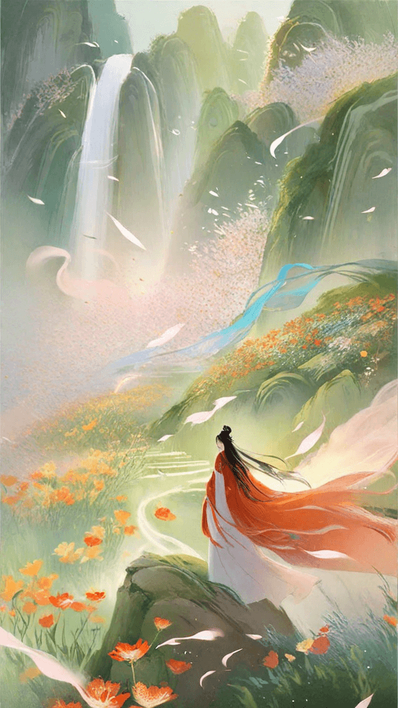 山水中国风创意与凤行国风浪漫古风古代情侣背影插画