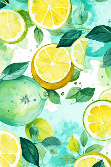 创意夏天清凉水果无缝图案与水彩石灰柠檬和薄荷在轻绿松石背景