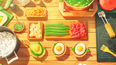 创意游戏桌面美食火锅材料蔬菜肉类矢量插画