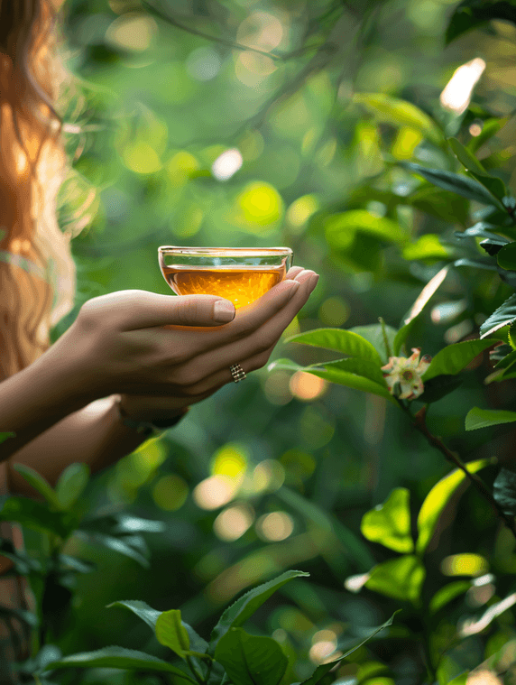 创意茶园姑娘手捧新茶手部春天喝茶茶叶特写