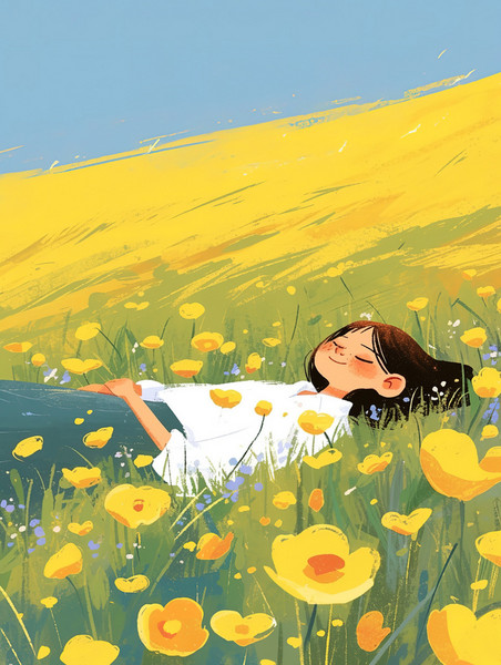 创意文艺春天浪漫吹风女孩躺在花朵丛中素材