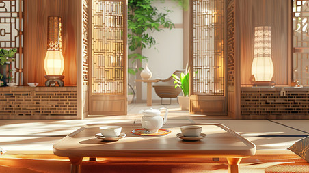 创意中式屏风茶楼早楼喝茶茶艺茶室国潮中国风照片