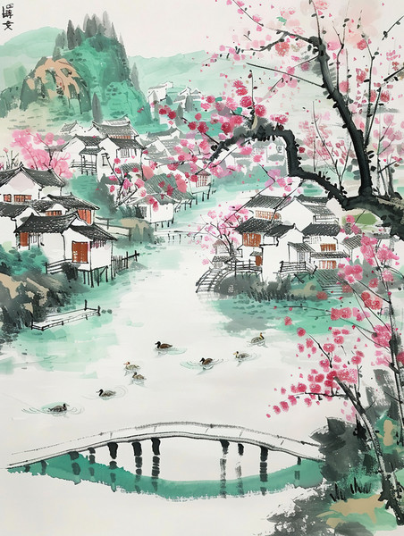春天春季江南中国风水墨桃树盛开的春水风光池塘插画设计