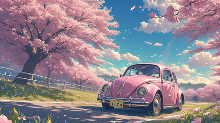 创意春天樱花树下粉红色汽车插画素材