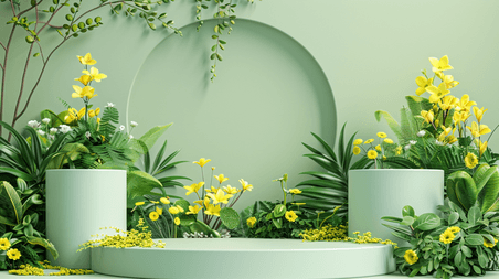 创意绿色春天3D花枝促销电商展台图片绿色