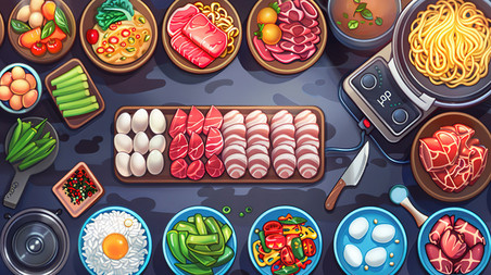 创意美食火锅材料蔬菜肉类插画设计游戏桌面