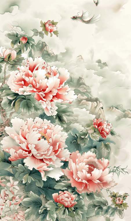 创意中国风山水牡丹花植物花朵国画背景