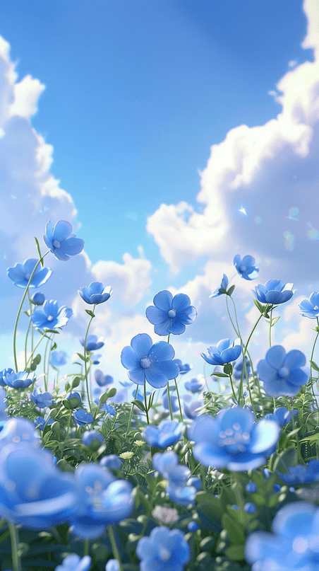 创意春天公园草坪草地可爱风3D蓝色质感花朵设计图