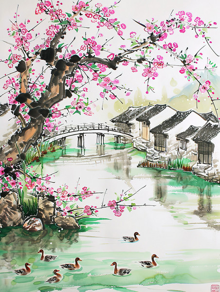 春天春季江南中国风水墨创意桃树盛开的春水风光池塘素材