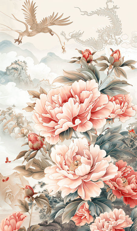 创意中国风山水植物花朵国画牡丹花背景