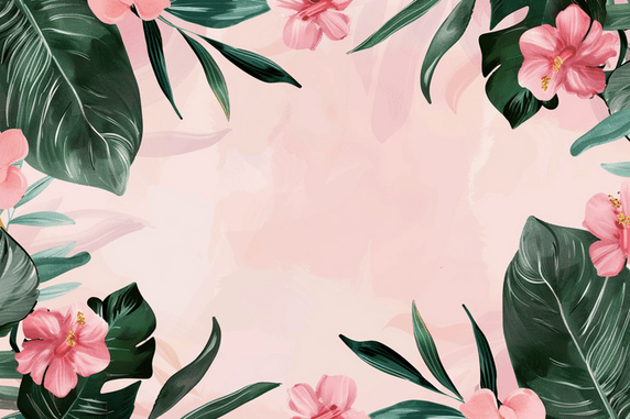 创意粉色水彩植物绿色植物花朵浅色背景插画春天手绘边框