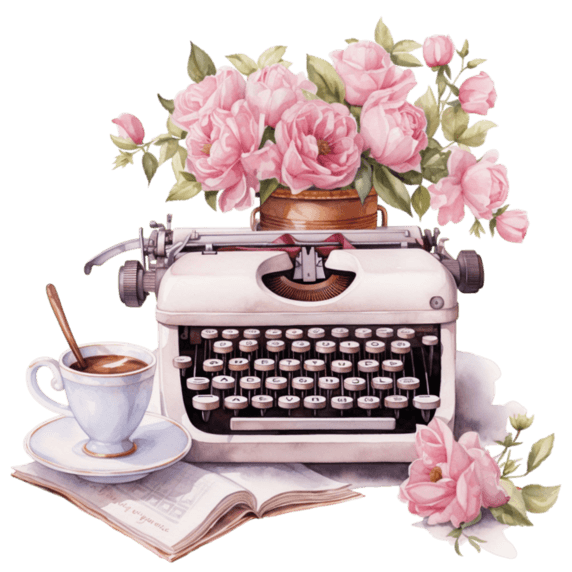 创意花朵浪漫文艺粉色打字机玫瑰下午茶元素免抠图案