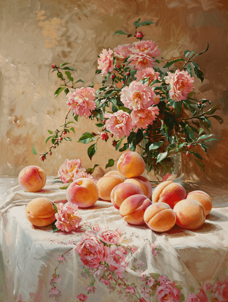 文艺浪漫唯美复古油画春天早晨桌布上的粉色桃子花朵花卉