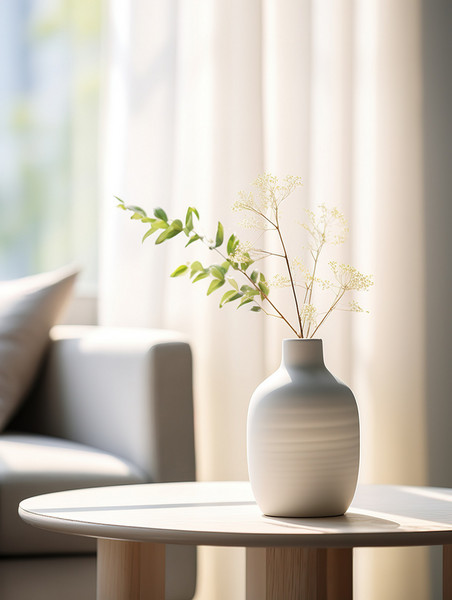 创意明亮客厅的桌子陶瓷花瓶家居简约原木风背景