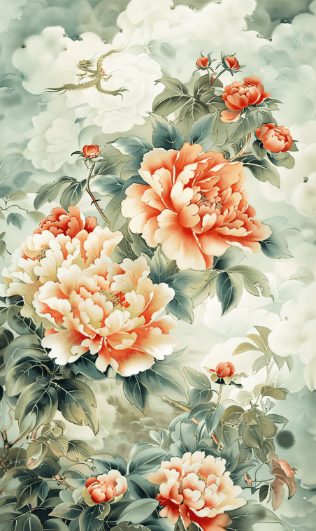 创意植物花朵国画中国风山水牡丹花背景