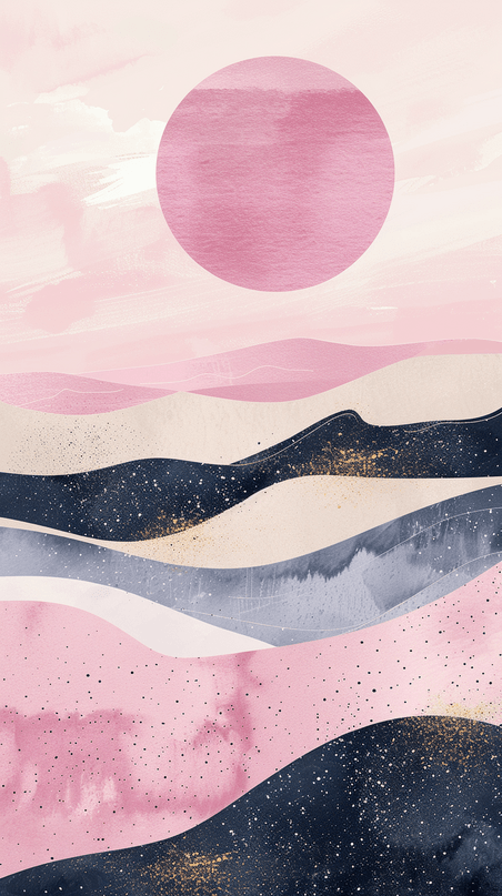 创意春天粉金色山水装饰画背景素材