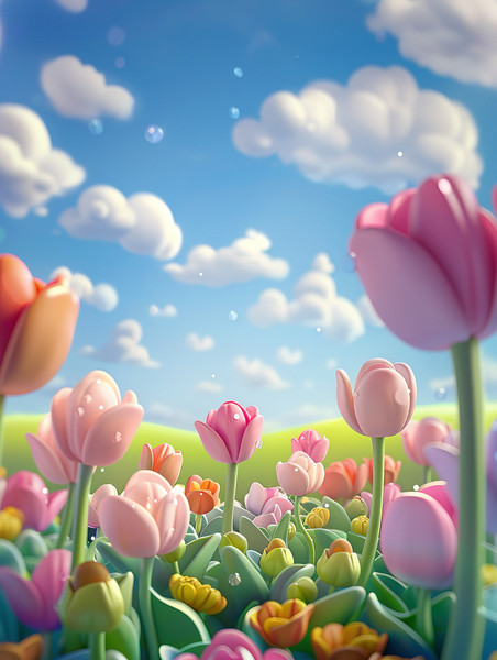 创意3D卡通春季景观郁金香春天植物花朵公园插画