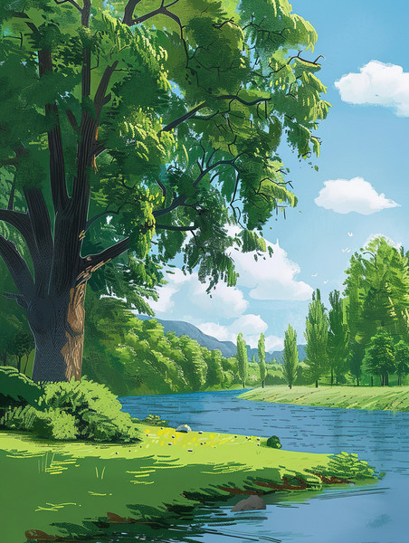 创意公园湖边大树绿树成荫草坪公园草地插画素材