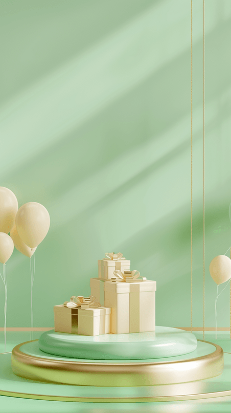 创意春天清新气球礼物盒3D展台场景设计绿色
