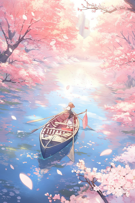 创意春天浪漫唯美中国风灿漫的樱花河边小船矢量插画