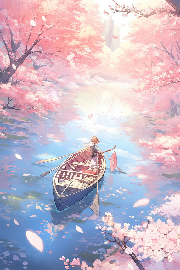 创意春天浪漫唯美中国风灿漫的樱花河边小船矢量插画