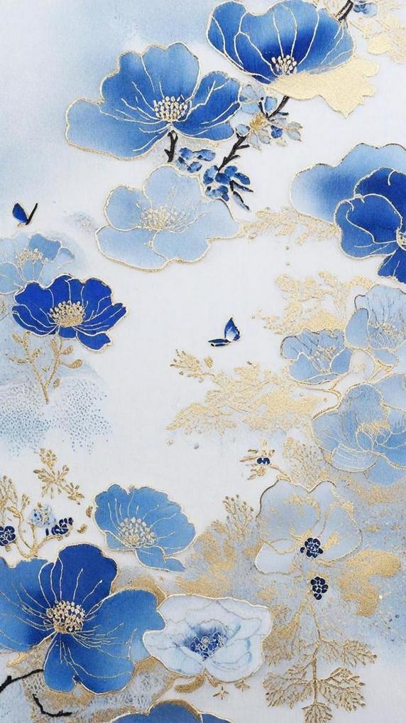 创意蓝色金箔中式刺绣传统国风花卉刺绣纹理背景18