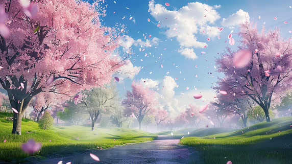创意樱花花瓣在空中飞舞插画