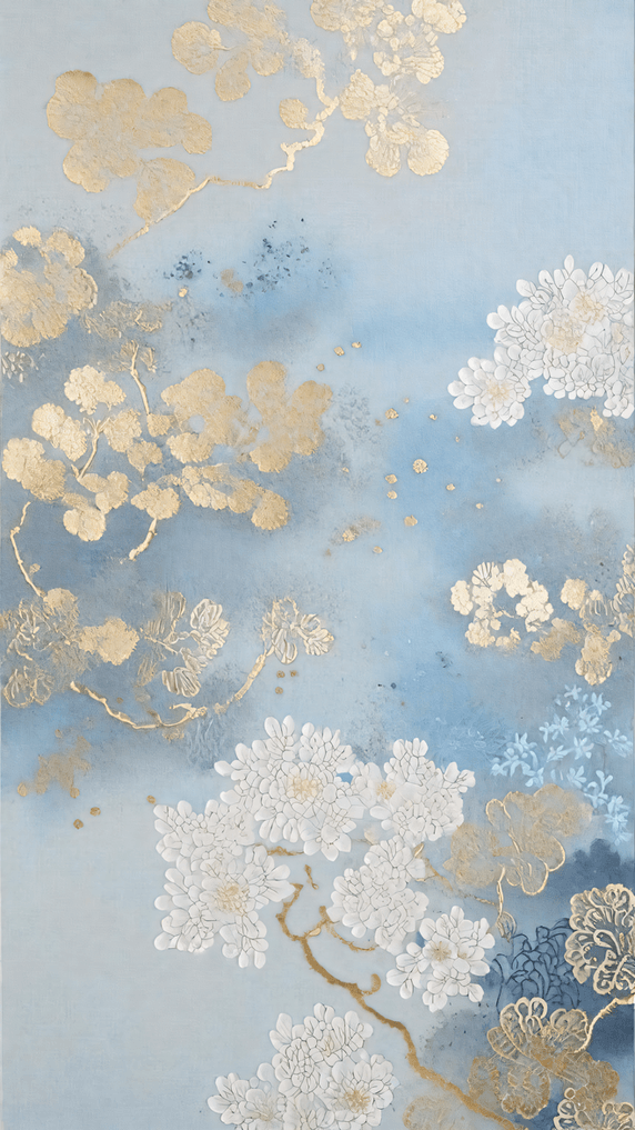 创意中式刺绣传统国风花卉刺绣纹理蓝色金箔背景